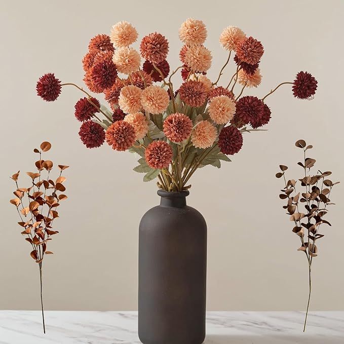 RyddeligHome Burnt Orange Faux Kiku Flower 10 Stems + 18 Brown Eucalyptus Stems, Assorted Artific... | Amazon (US)