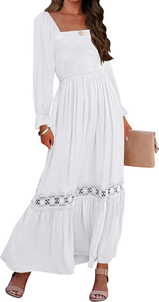 ZESICA Women's Boho Long Sleeve Square Neck Smocked High Waist Flowy A Line Lace Trim Maxi Dress | Amazon (US)