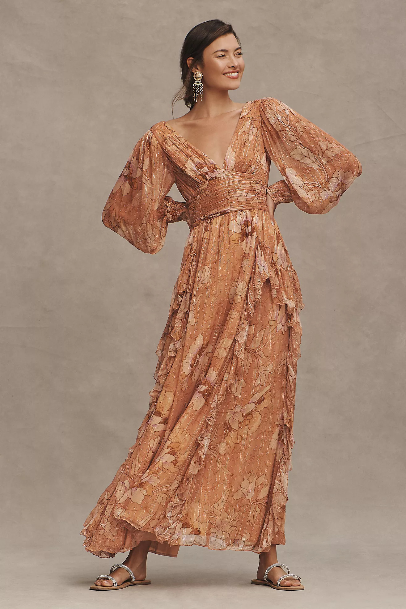BHLDN V-Neck Long-Sleeve Printed Chiffon Gown | Anthropologie (US)