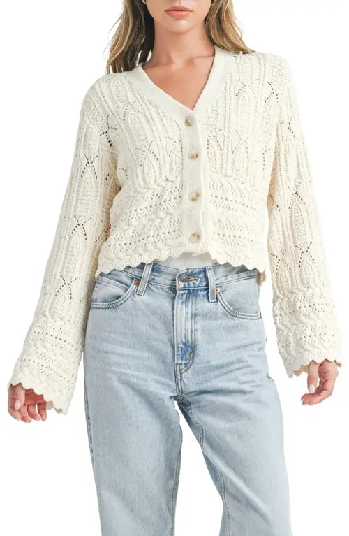 All in Favor Mixed Stitch Scallop Hem Cotton Cardigan in Cream at Nordstrom, Size Large | Nordstrom