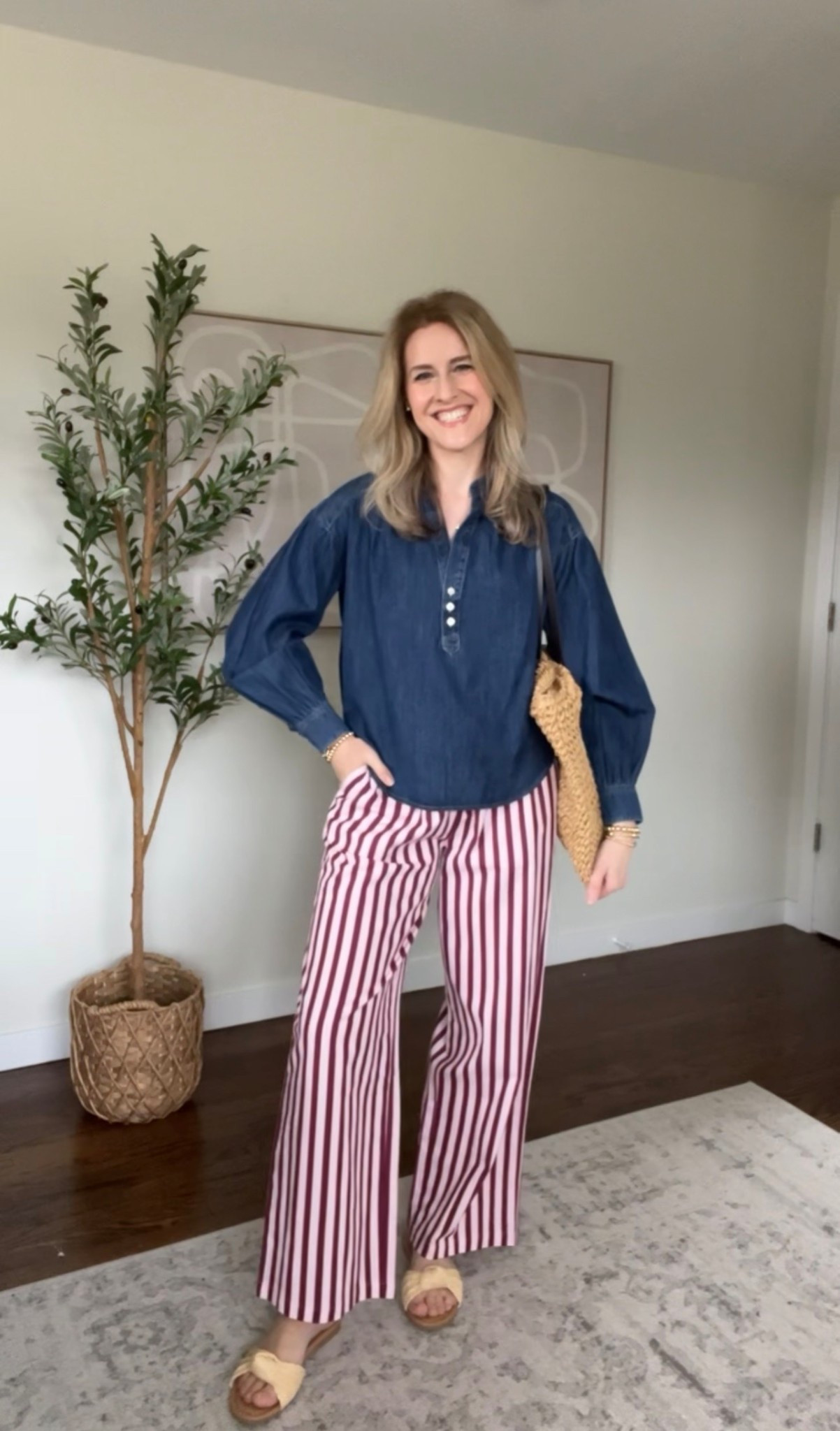Spring outfit combo I’m loving is fun pants and a denim shirt! Walmart small in the top and medium in the pants. #walmartfashion 

#LTKOver40