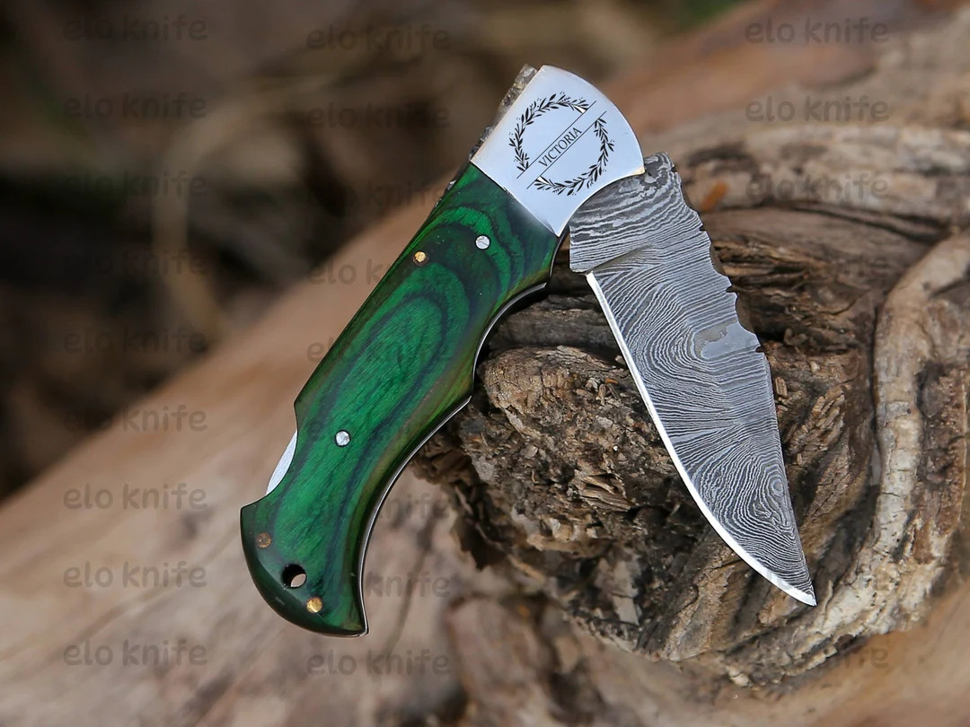 Handmade Damascus Pocket Knife Green Wood Handle Birthday Gift Folding Knives, Groomsmen Gift, An... | Etsy (US)