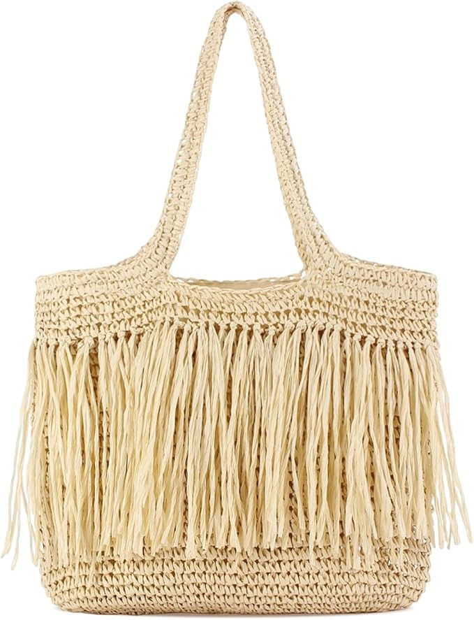 Large Capacity Fringe Straw Beach Tote Bag for Women vacation Summe，Lightweight HandWoven Shoul... | Amazon (US)