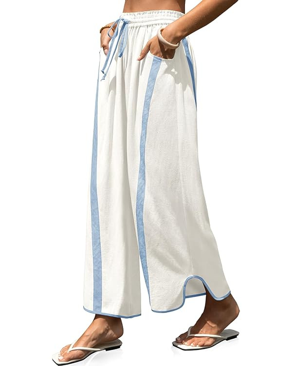TARSE Womens Linen Wide Leg Pants Baggy Casual Drawstring Elastic Waisted Contrast Color Loose Y2... | Amazon (US)