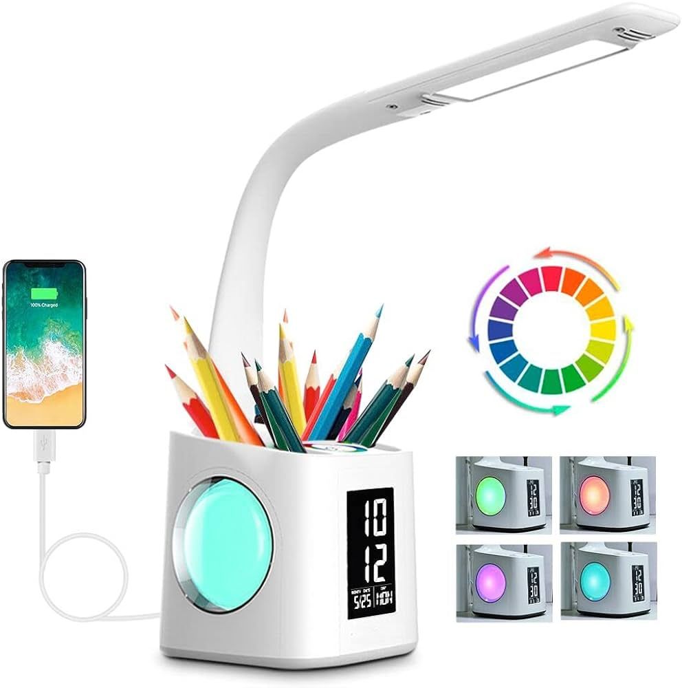 wanjiaone Study Desk Lamp with USB Charging Port&Screen&Calendar&Color Night Light, Kids Dimmable... | Amazon (US)