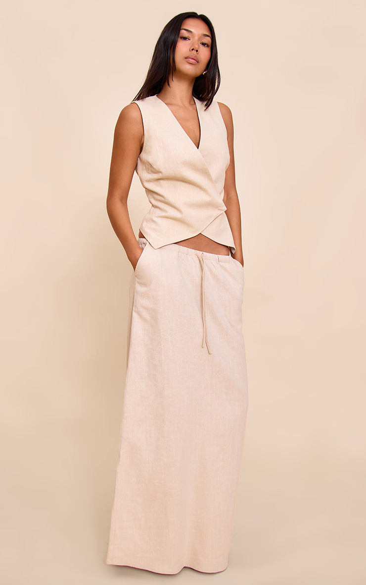 Natural Premium Linen Drawstring Maxi Skirt | PrettyLittleThing US