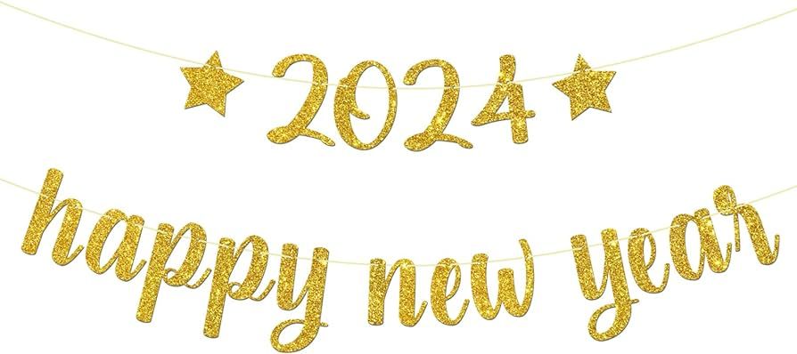 Maicaiffe Happy New Year 2024 Banner Gold Glitter Cheers to 2024 Sign, Hello 2024, New Year Party... | Amazon (US)