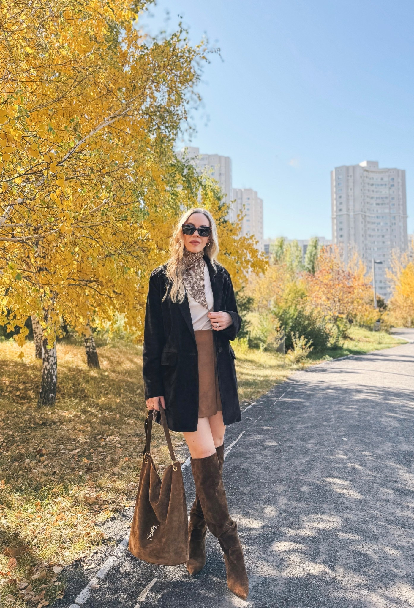 Dark brown suede blazer, faux suede mini skirt, slouchy knee high suede boots, suede Saint Laurent bucket bag 

#LTKSeasonal #LTKShoeCrush #LTKItBag