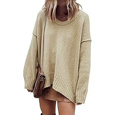 ANRABESS Women's Oversized Casual Loose Slouchy Scoop V Neck Batwing Long Sleeve Knit 2024 Fall P... | Amazon (US)