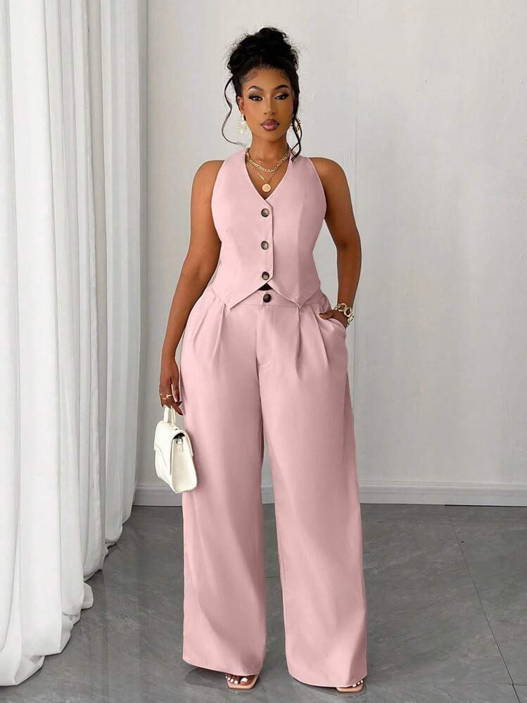 Maweii Plus Size Women Solid Color Short Vest & Wide Leg Pants 2 Pieces Set | SHEIN