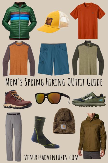 Your spring hiking outfit guide for men with merino wool long sleeves, t-shirts, convertible pants, rain jackets, and hiking boots. 

#LTKtravel #LTKfit #LTKmens