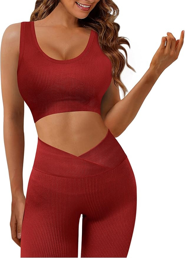 JZC Yoga Workout Outfits for Women 2 Piece Ribbed Seamless Sports Exercise Sets | Amazon (US)