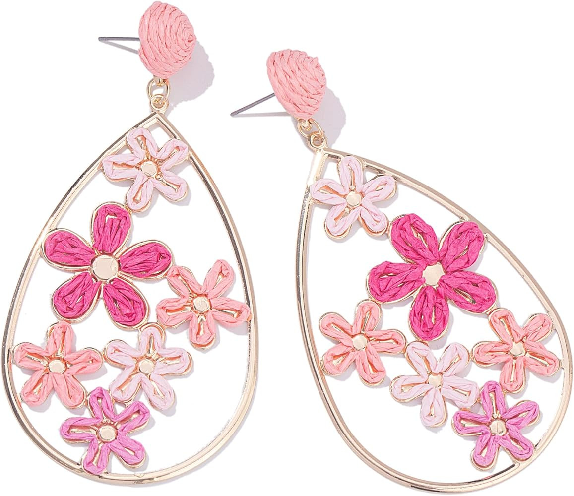 Flower Teardrop Earrings Boho Raffia Earrings Cute Floral Dangle Earrings Trendy Statement Jewelr... | Amazon (US)