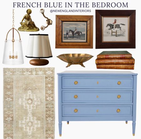 New England Interiors • French Blue In The Bedroom • Dresser, Rug, Antique Wall Art, Lighting, Accents. 💤💙

#newengland #equestrian #polo #wallart #french #blue #paris #bedroominspo #bedroomreno #homeinspo 

#LTKFind #LTKhome #LTKtravel