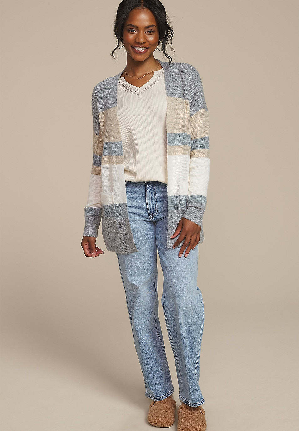 Embroidered Notch Neck Ribbed Long Sleeve Tee | Maurices