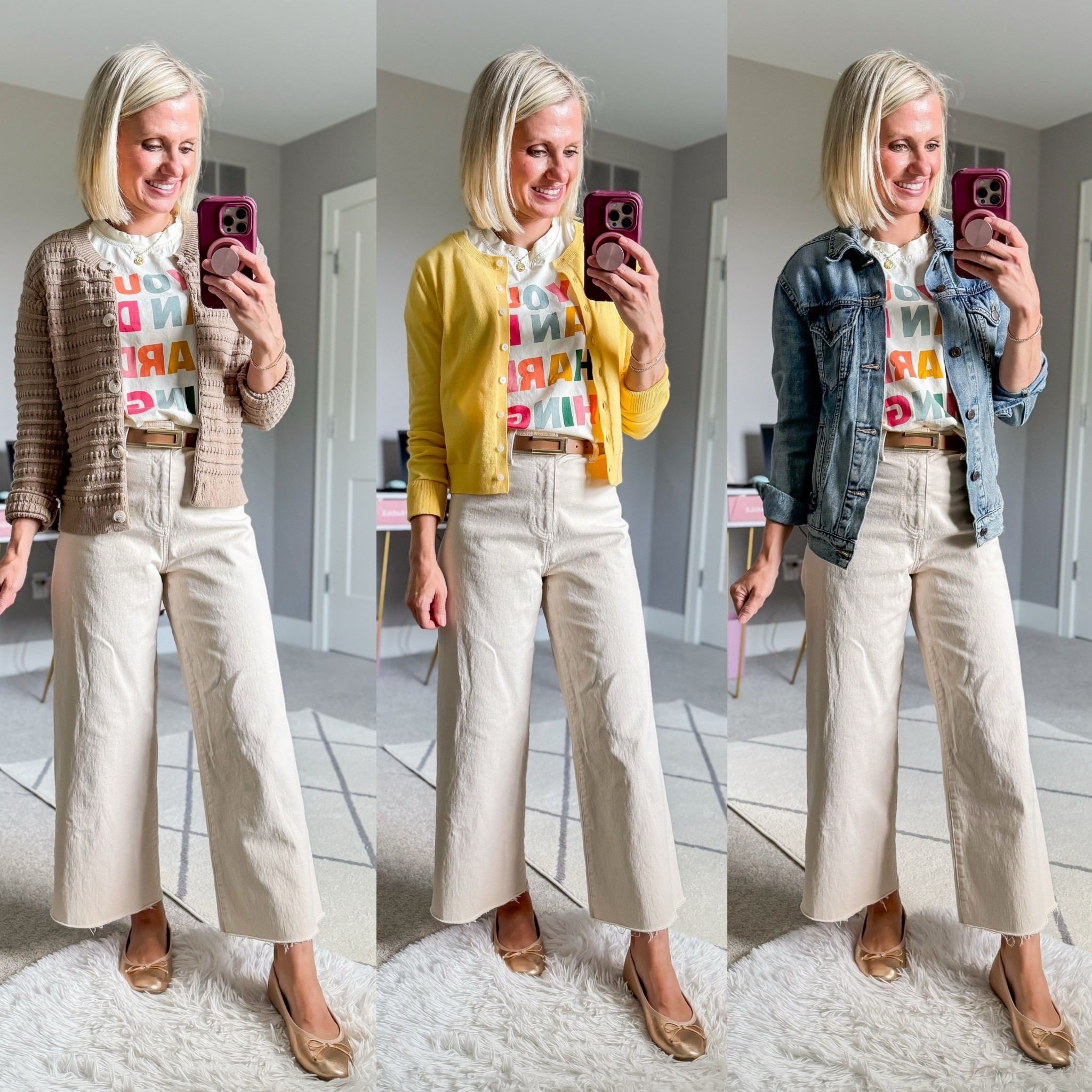 Teacher outfits with off white pants and a graphic tee! T-shirt- small || pants- 0 (I cut the hem) || tan cardigan- small || yellow cardigan- small || Jean jacket- xsmallL

#LTKWorkwear #LTKPetite #LTKStyleTip