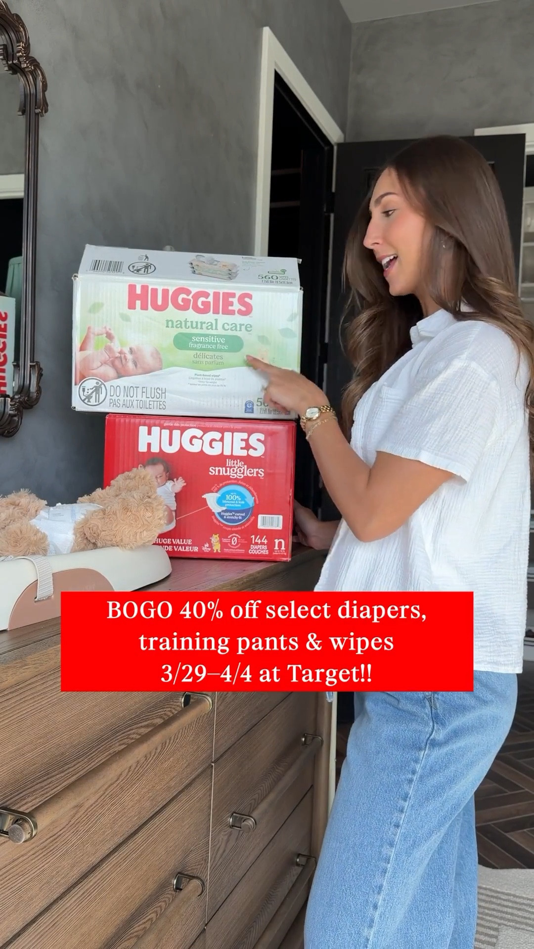 #Ad Target is running a Target Circle™ Deal: Buy One, Get One 40% off on select diapers, training pants & wipes (3/29–4/4) which makes it the perfect time to grab essentials you’re going to need anyway❤️👏🏼 I chose Huggies because they’re a brand parents consistently recommend and trust, and that peace of mind means a lot going into this new chapter. If you’re in the stocking-up phase like I am, this is such a good time to save. @Huggies @Target #Huggies #Target #HuggiesPartner #TargetPartner #LTKMomlife #LTKsalealert 

Offer: Target Circle™ Deal: BOGO 40% off with select Diapers, Wipes and Training Pant
Eligibility: Target Circle™ Membership 
Availability: Sunday March 29th - Saturday April 4th, 2026, offer expires at 11:59pmPT.
Category Deal. Valid in store or online. Limit one coupon/deal per Target Circle account. No other same department/category coupon/deal/bonus will apply. Offer excludes items sold & shipped by Target Plus™ Partners and clearance items. Void if copied, scanned, altered, transferred, purchased, sold or prohibited by law. Coupon/deal expires at 11:59pm PT. Item(s) may not be available at all stores. Gift cards and tax will not be included in determining purchase total. Target GiftCard not valid as payment on this purchase; terms and conditions apply. Quantities limited; no rain checks. No cash value. For full details on our Price Match policy, see Target.com/Price Match.

#LTKBaby #LTKmomlife #LTKSaleAlert #LTKBaby