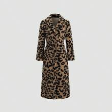 Leopard Print Fuzzy Warm Fitted Long Coat, Casual Versatile Thick Outerwear For Women, Autumn/Winter | SHEIN