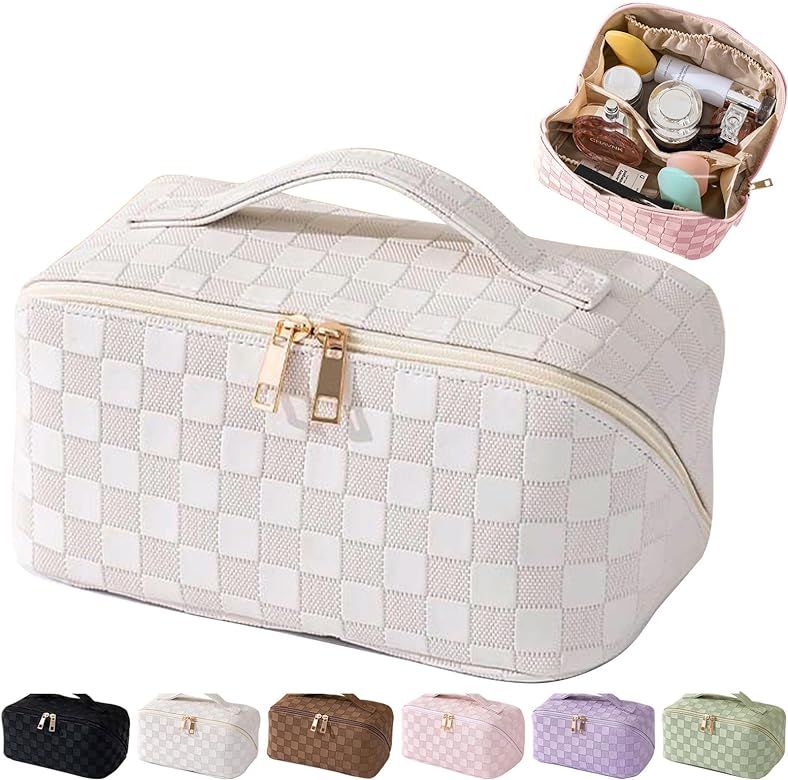 MINGRI Large Capacity Travel Cosmetic Bag for Women,Makeup Bag Travelling PU Leather Cosmetic Bag... | Amazon (US)