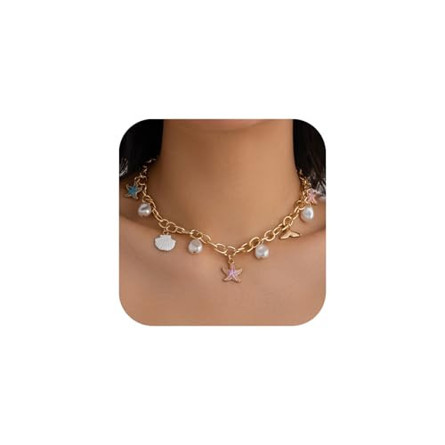 Gold Charm Necklace for Women 14k Gold Dainty Chunky Chain Evil Eye Moon Pearl Beads Shell Charm Necklace Summer Beach Seashell Jewelry for Women (Gold Pearl Shell Starfish) | Amazon (US)
