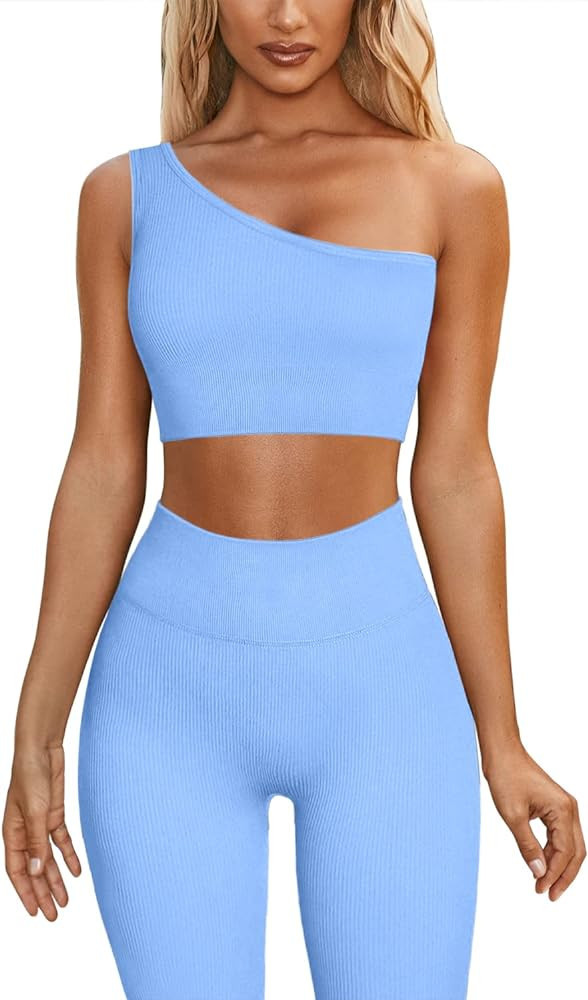 QINSEN 2 Pieces Workout Sets for Women One Shoulder Ribbed Sport Bra Seamless High Waist Leggings... | Amazon (US)