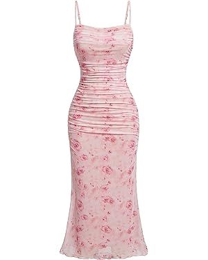 GORGLITTER Women's Floral Ruched Bodycon Midi Dress Mesh Sleeveless Fishtail Cami Dresses | Amazon (US)