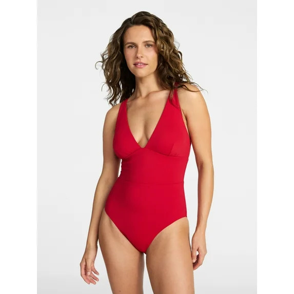 Time and Tru Women's and Women’s Plus Ribbed Plunge One-Piece Swimsuit, Sizes XS-3X | Walmart (US)