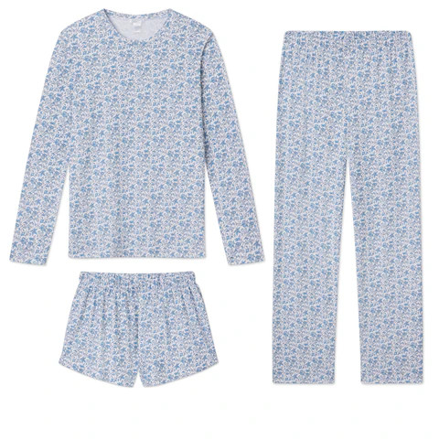 Pima Crew Long Sleeve Bundle in Delft Blue Garden Floral | Lake Pajamas
