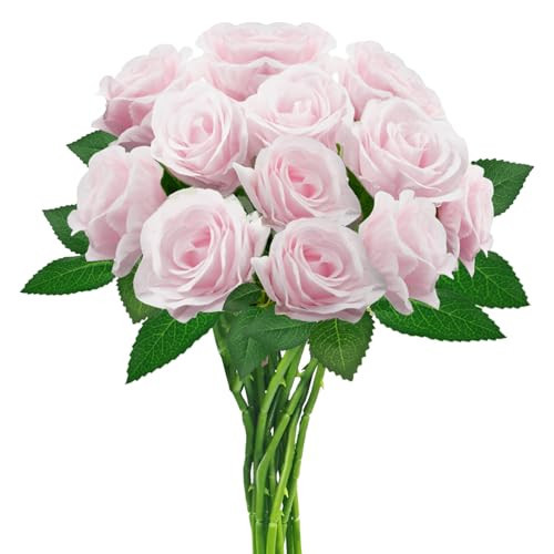 hailanbao Pink Artificial Roses with Long Stems, 12Pcs Realistic Roses Artificial Flowers, Faux Roses | Bulk Fake Flowers for Home Decor, Wedding Party Table Centerpieces, DIY Bouquet | Amazon (US)