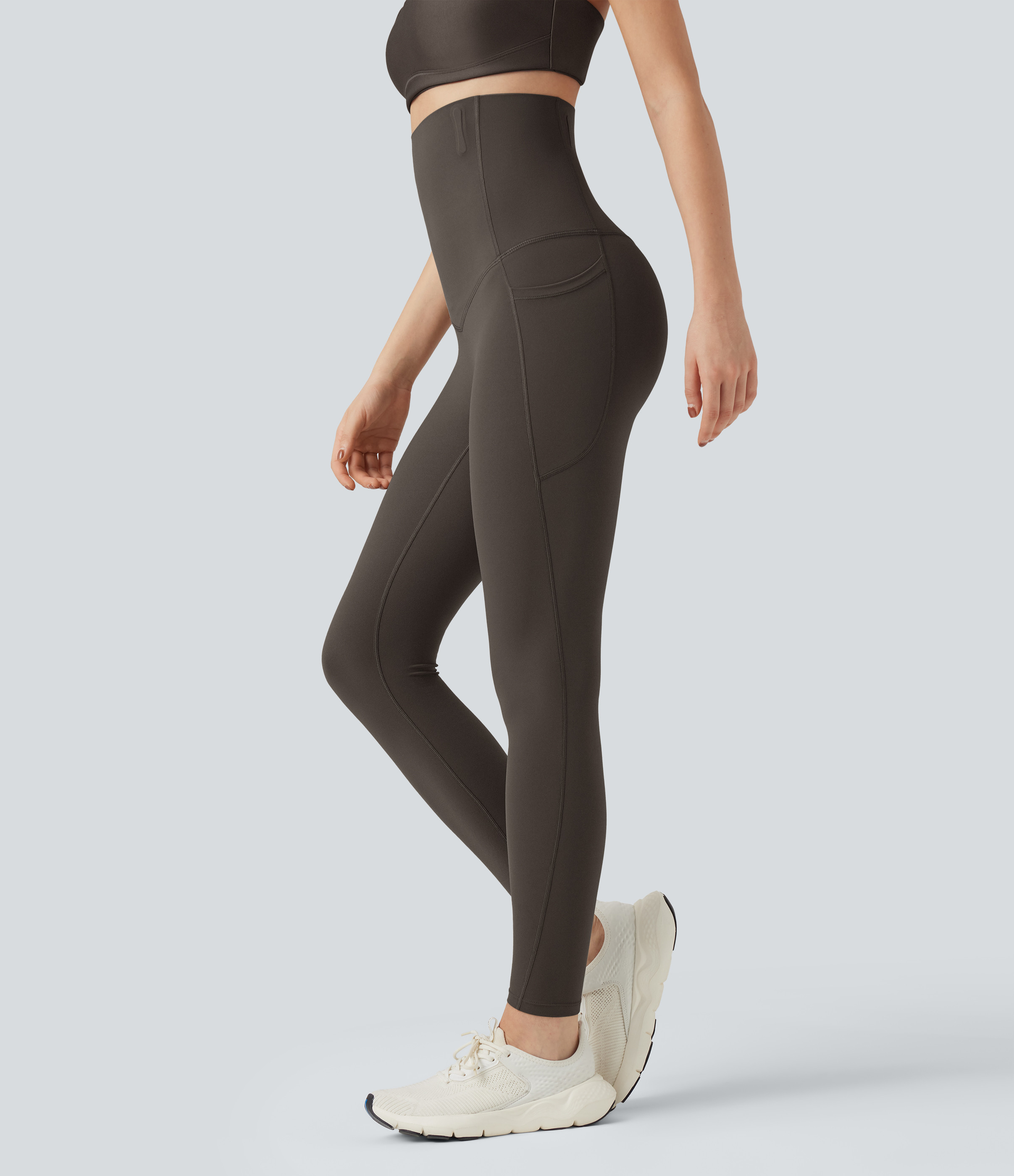 Halara Halara UltraSculpt™ SoCinched Super High Waisted Tummy Control Fishbone Shaping Training Leggings with Pockets  - Hazelnut Black - XS(7/8) | HALARA