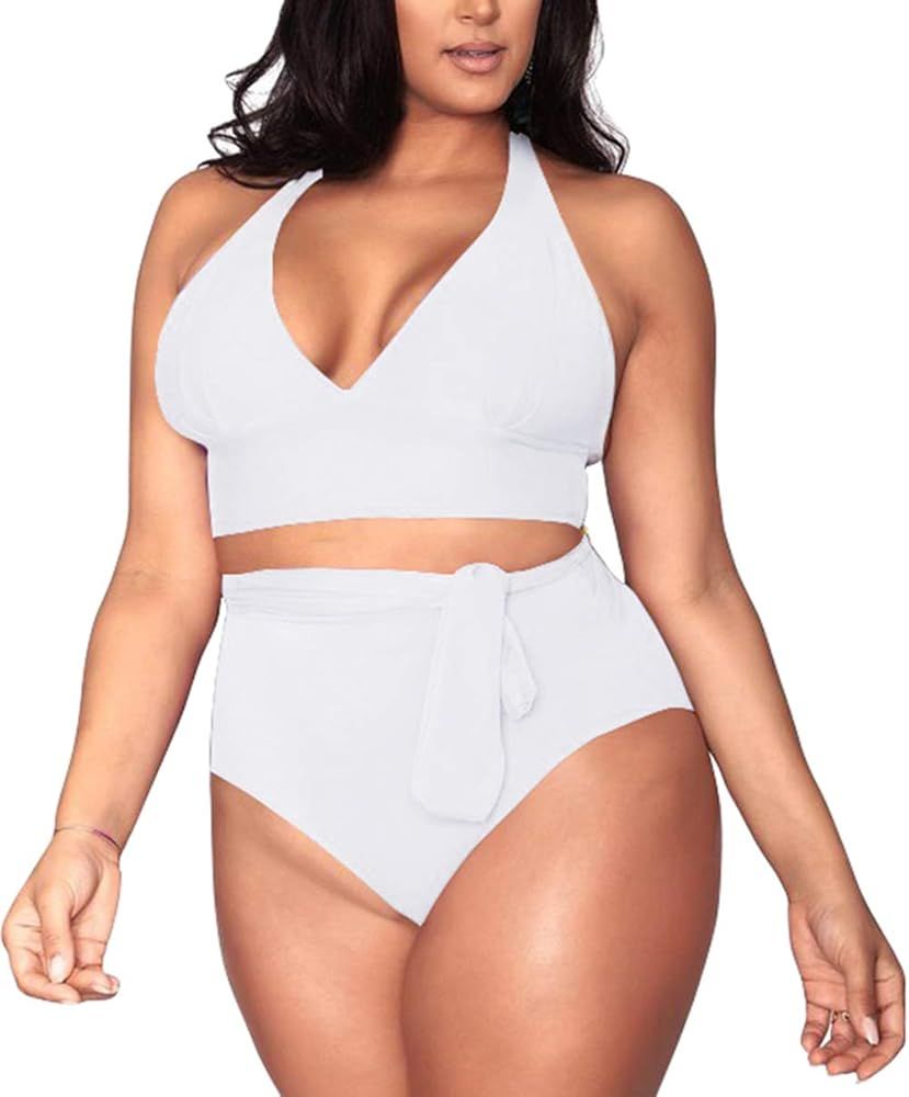 Sovoyontee Women's Plus Size High Waisted Tummy Control Swimwear Swimsuit Full Coverage | Amazon (US)