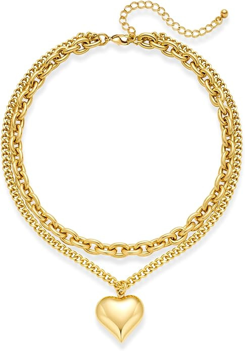 Layered Puffy Heart Necklaces For Women Gold And Silver Plated Heart Pendant Necklace Long Chain ... | Amazon (US)