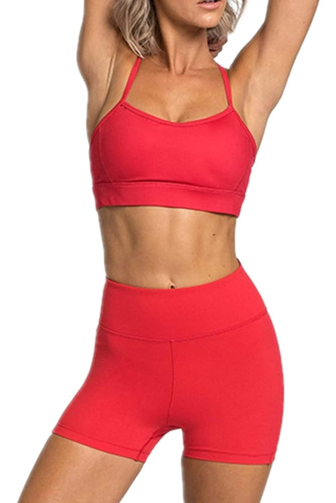 IMEKIS Women's Workout Sets 2 Piece Yoga Outfit High Waisted Biker Shorts Leggings Sports Bra Gym... | Amazon (US)