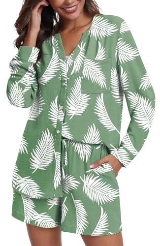 PrinStoryPrinStory Women's Pajamas Long Sleeve Lounge Sets Button Down Shirt and Shorts 2 Piece O... | Amazon (US)