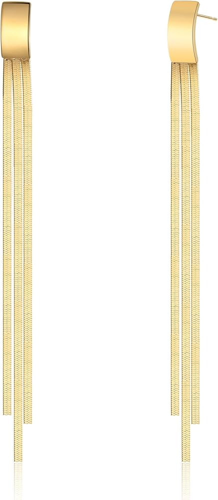 Long Tassel Dangle Drop Earrings, Silver/Gold Cz Chain Earrings for Women Fringe Geometric Bar Dr... | Amazon (US)
