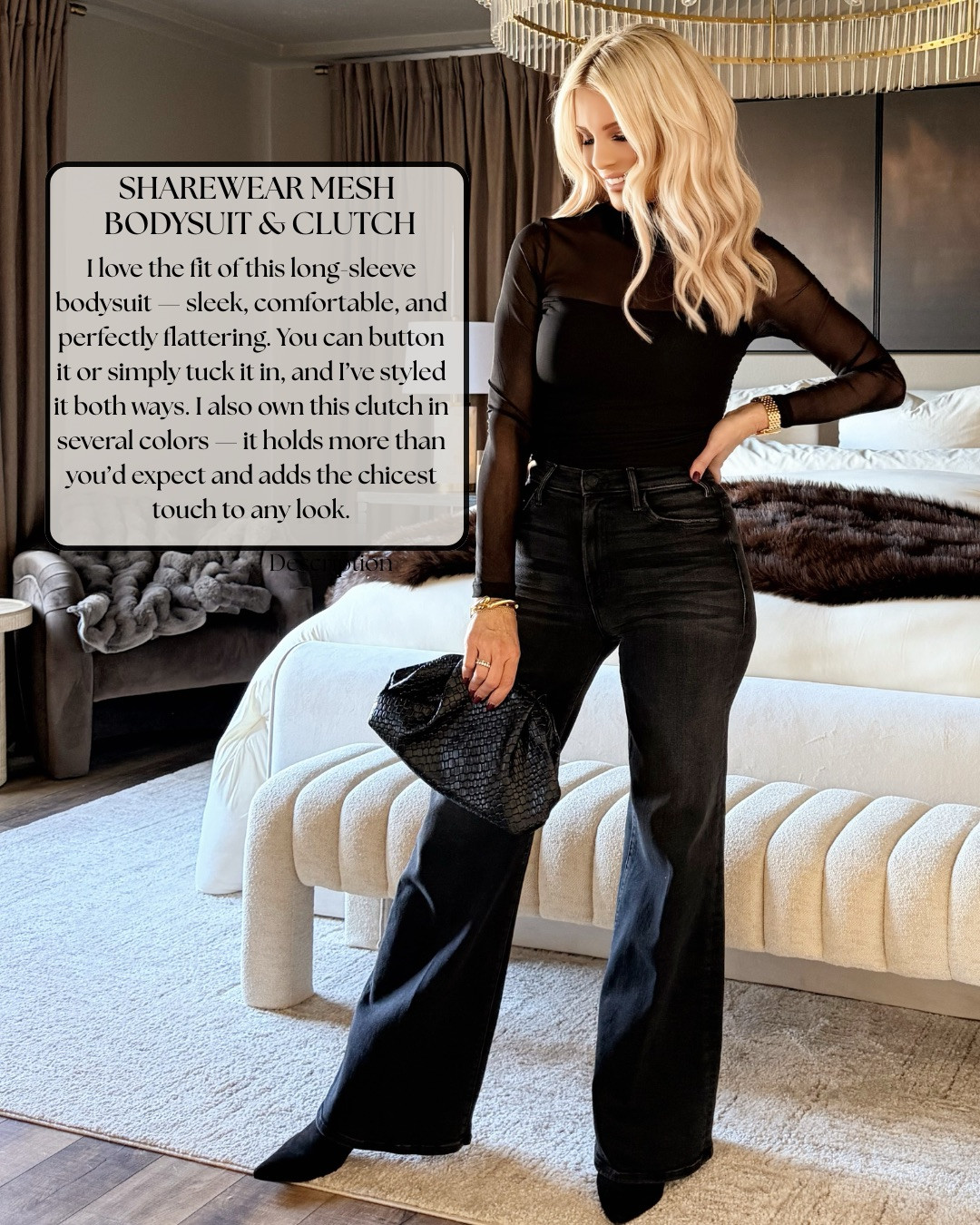 SHAREWEAR MESH BODYSUIT · ELEVATED BASICS. A sleek long-sleeve mesh bodysuit paired with high-waisted black denim for a polished, flattering, day-to-night look. Comfortable, sculpting, and easy to style tucked or buttoned — this bodysuit creates a seamless silhouette with zero effort. Finished with the look-for-less black woven clutch that holds more than expected and adds a timeless touch to any outfit.

#TheHillaryStyle #AmazonFashion #ChicStyle #FallOutfit #NeutralStyle #AmazonFinds #DesignerLookForLess #EverydayOutfits #ElevatedEssentials #AffordableLuxury 

 #LTKmomlife #LTKSeasonal #LTKOver40