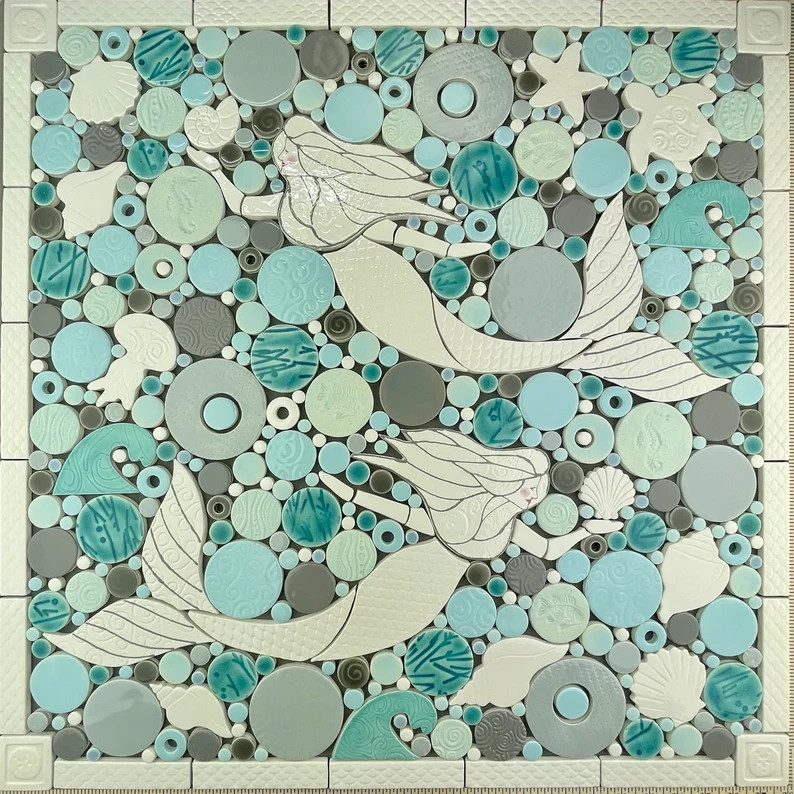 Mermaids Mosaic, White, Handmade Ceramic Tile Mosaic, Ready to Install - Etsy | Etsy (Global)