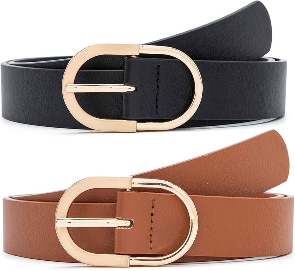 2 Pack Women's Leather Belts for Jeans Pants with Fashion Center Bar Buckle | Amazon (US)