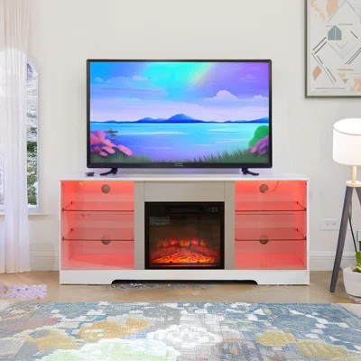 Modern Electric Fireplace Tv Stand With Glass Shelves, Led Lights, Usb Outlet, Fits 32-62" Tvs | Wayfair North America