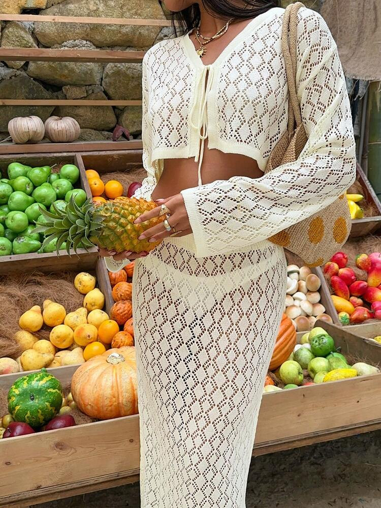 Sunnyshic Women's Sexy Hollow Floral Pattern Long Sleeve Cardigan And Hollow Maxi Skirt Knit Sweater 2-Piece Set, Spring/Summer | SHEIN