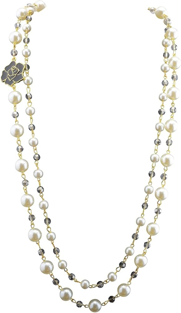 Designer Imitation Pearl Necklace Hollow flowers layered Necklace | Amazon (US)