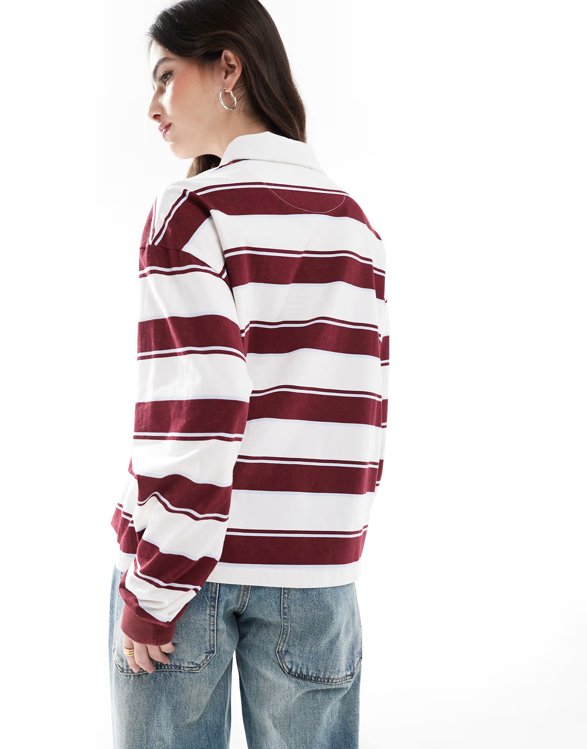 Pull&Bear rugby top in burgundy & white stripe | ASOS (Global)