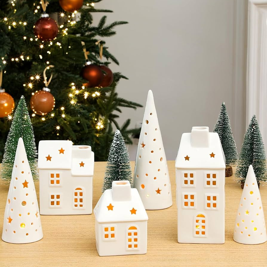 13 Pcs Lighted Christmas Village Set Including 3 Ceramic Christmas Village Houses and 3 Porcelain... | Amazon (US)