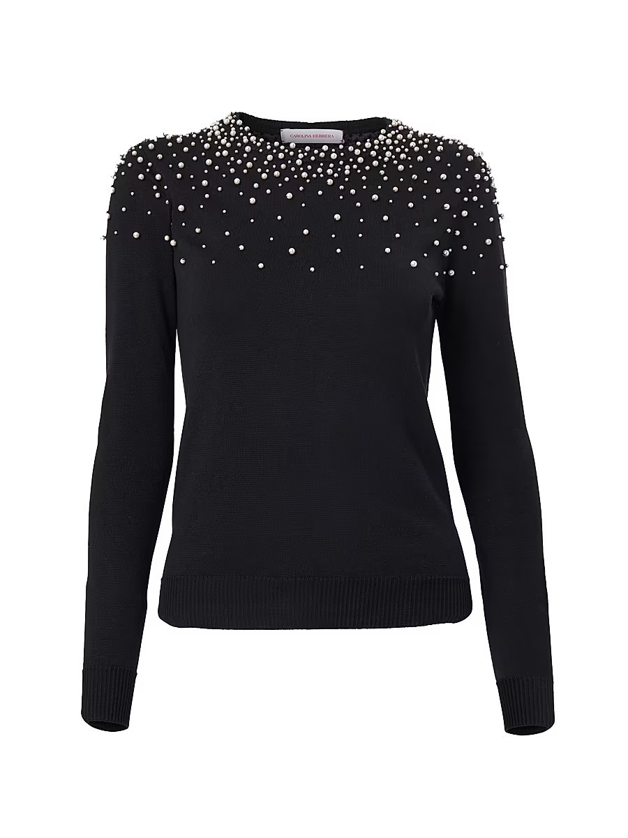 Women's Imitation Pearl-Embellished Silk-Cotton Sweater - Black White - Size XS | Saks Fifth Avenue