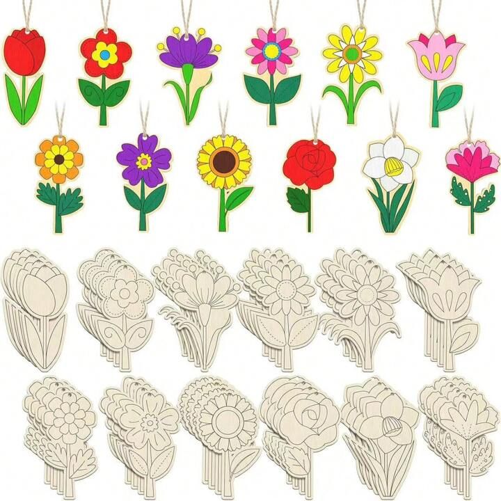 Set Of 24 DIY Unfinished Wooden Flower-Shaped Crafts, Ideal For Holiday Hunting Party Decoration ... | SHEIN