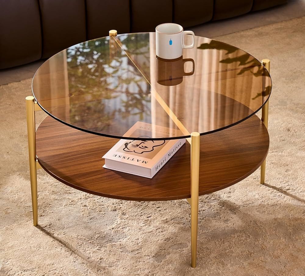 Shrine Round Glass Coffee Table, Mid-Century Modern Design, D30 x H17 in, 2-Tier Structure, Amber... | Amazon (US)
