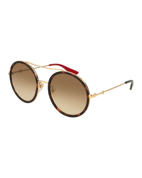 Glittered Round Metal Sunglasses, Gold/Blue | Neiman Marcus
