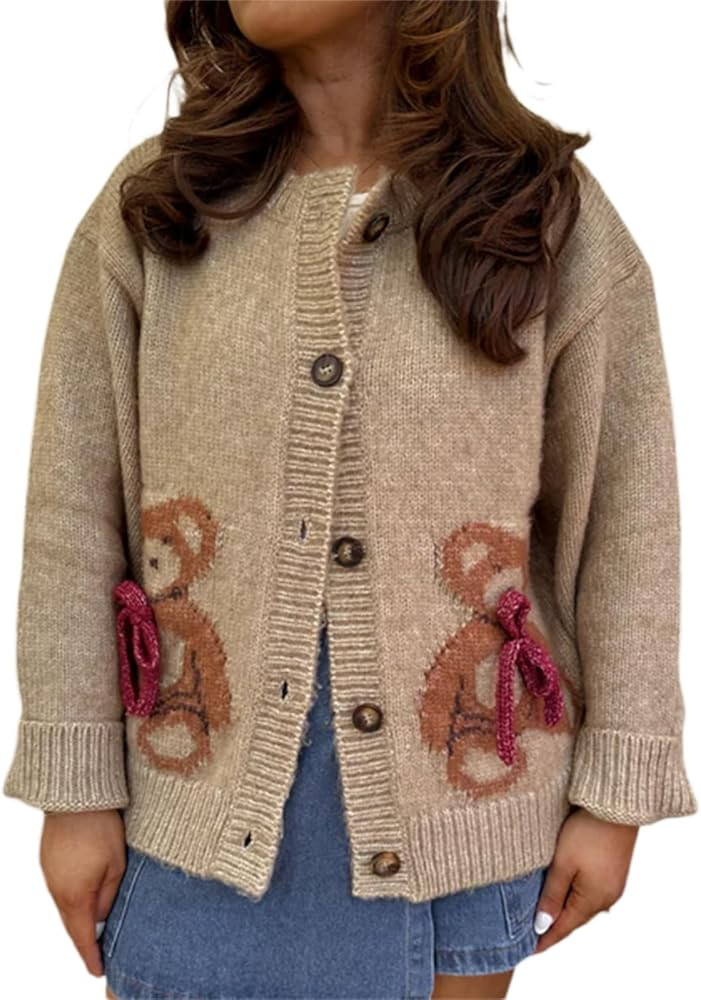 Women Christmas Cardigan Sweaters Cute Bow Bear Button Down Chunky Cardigans Holiday Knitted Casu... | Amazon (US)