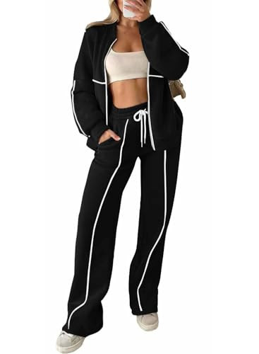 GUNEST Two Piece Black Outfits for Women Casual Long Sleeve Zip Up Jacket Wide Leg Sweatpants Lounge Matching Athletic Clothing Activewear Tracksuit Jogging Gym Sets | Amazon (US)