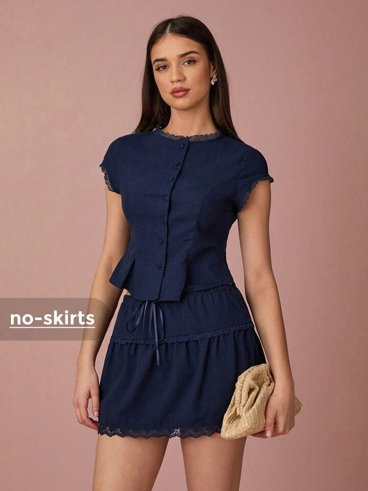Enchnt Spring/Summer Romantic Women Contrast Lace Short Sleeve Button Up Casual Linen Navy Blue Blouse, Minimalist And Fashion, Suitable For Summer,Sweet&Elegant For Holiday &Sweet Date&Daily&Vacation | SHEIN